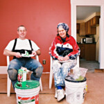 Lunchtime in the dining room. Like our "cafe tables?" As you can see, I'm wearing my back brace.